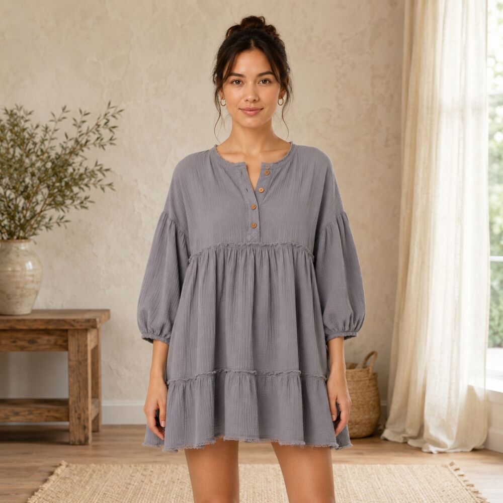 NWT Promesa Dress Women's Size Small Gray Babydoll 100% Cotton